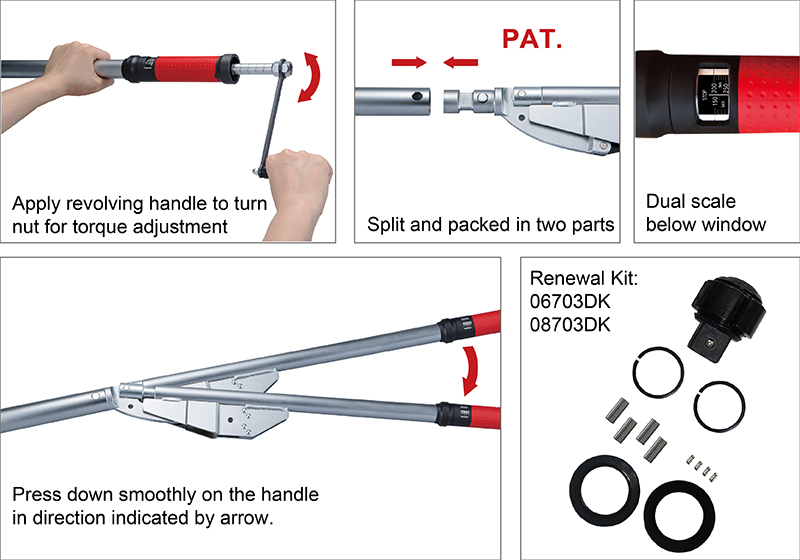 Operation and Function of Torque-Tech's breakback torque wrench: 1.Apply revolving handle to turn nut for torque adjustment 2.Split and packed in two parts 3.Dual scale below window 4.Press down smoothly on the handle in direction indicated by arrow