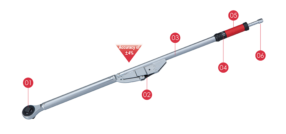 Torque-Tech's breakback torque wrench with a tolerance of ±4%, it meets the quality standards of DIN ISO 6789 & ASME B107.300-2010 which easily readable dual scale N-m and Ft-lb below a window