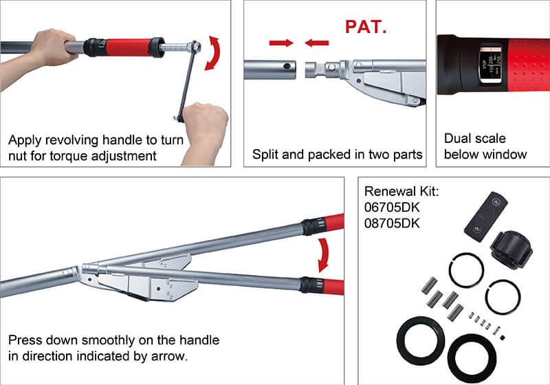 Operation and Function of Torque-Tech's breakback torque wrench: 1.Apply revolving handle to turn nut for torque adjustment 2.Split and packed in two parts 3.Dual scale below window 4.Press down smoothly on the handle in direction indicated by arrow Operation and Function of Torque-Tech's breakback torque wrench: 1.Apply revolving handle to turn nut for torque adjustment 2.Split and packed in two parts 3.Dual scale below window 4.Press down smoothly on the handle in direction indicated by arrow